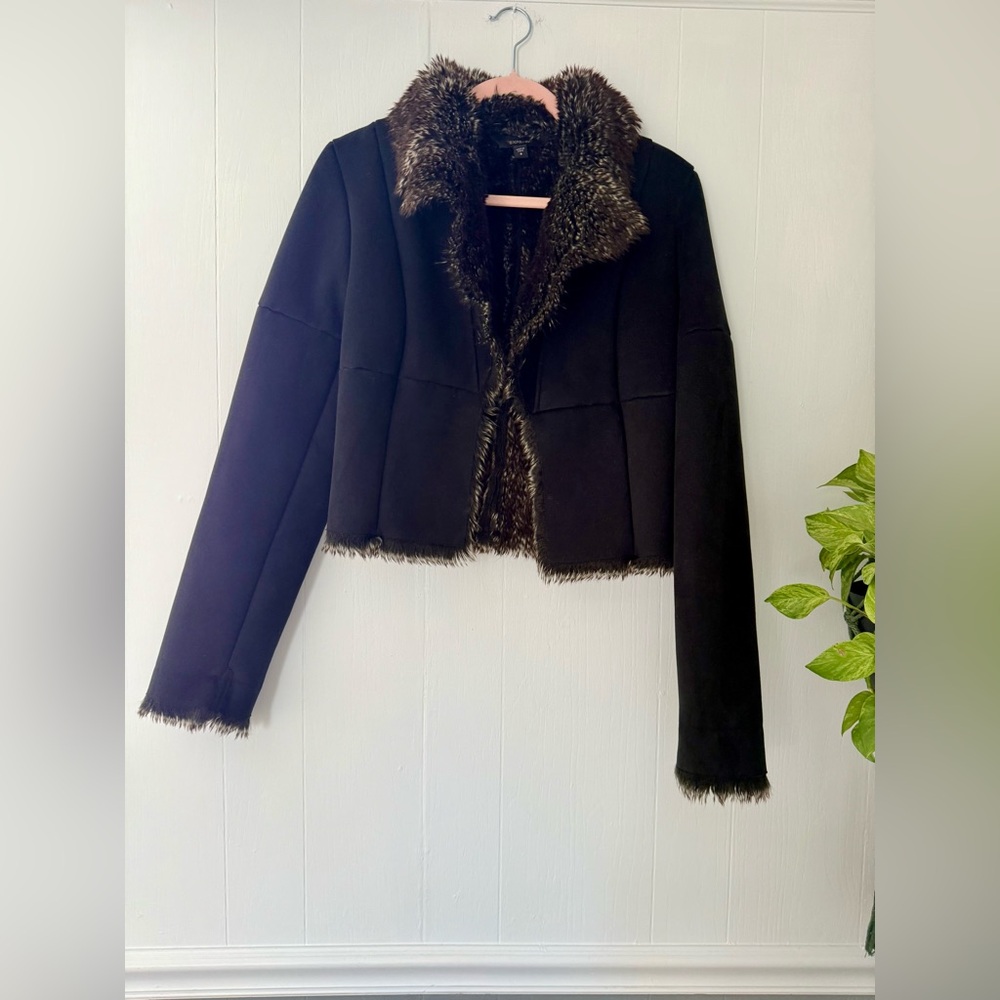 Vintage Y2K Express Black Suede Faux Fur Jacket Grunge Burnout Punk Bratz 8 M